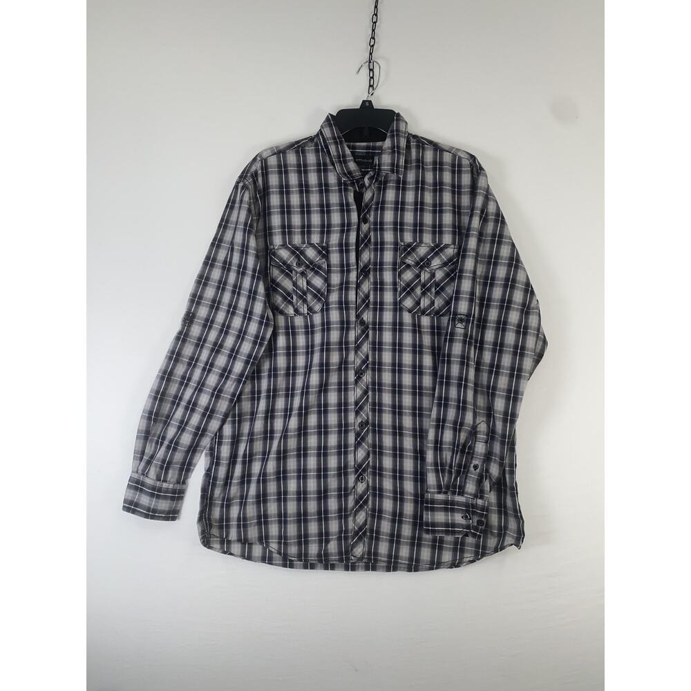 MB Studio Shirt Mens XL Blue Plaid Long Sleeve Button Up Cotton Blend Casual